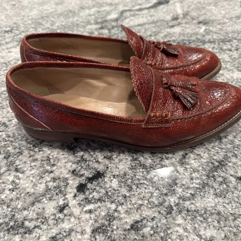 J.CREW BIELLA CRACLED LEATHER LOAFERS E0843‎ SIZE 9.5 WARM SEPIA ITALY